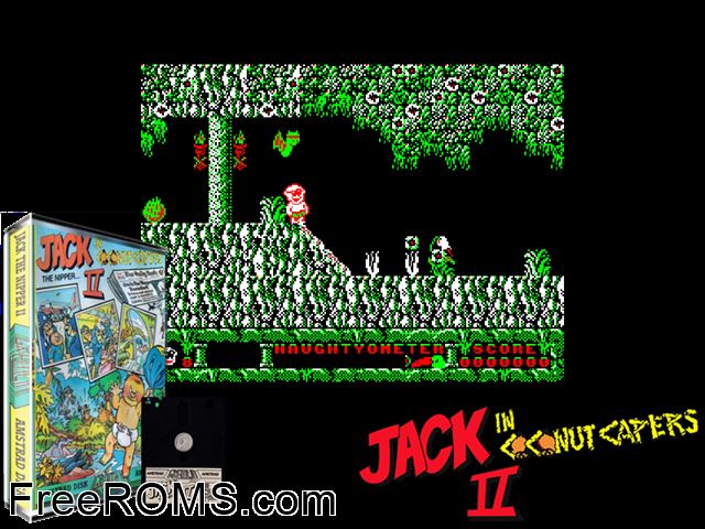 Jack the Nipper In Coconut Capers (UK) (1987) [h1] Amstrad CPC game showing 3D box cover and gameplay screenshot